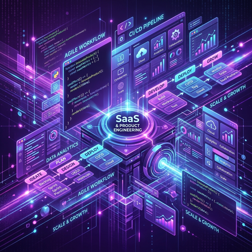 Modern software engineering workspace and cloud dashboards background